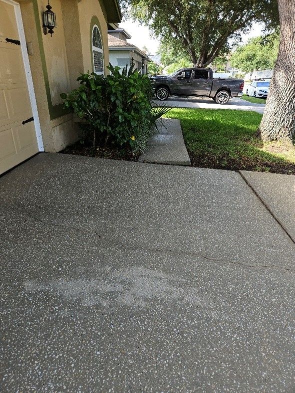 Algae stained driveway restored through pressure washing