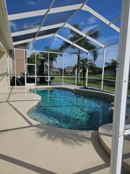 A swimming pool with clear blue water enclosed by a screened patio with palm trees in the background on a sunny day.