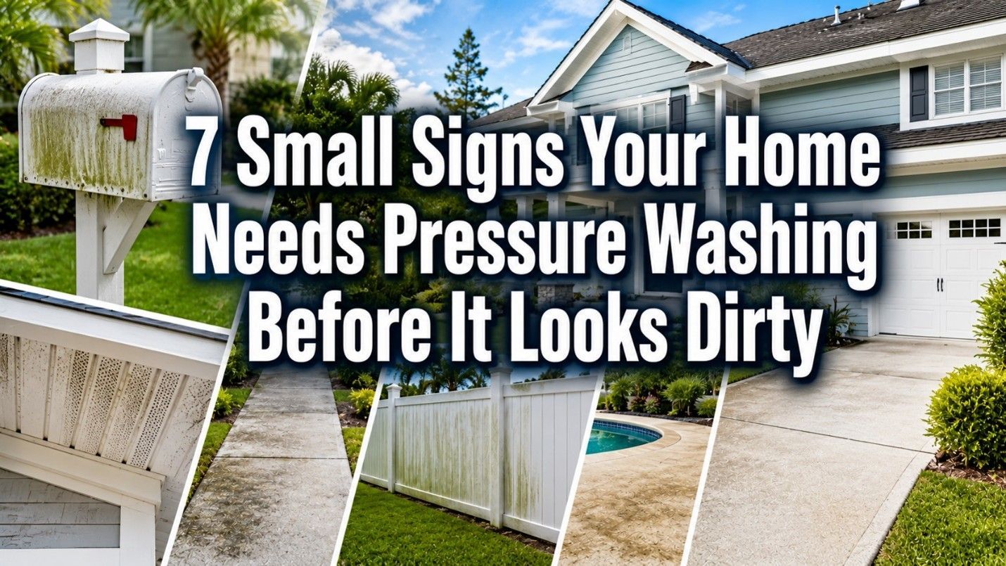 Collage of dirty home exterior and fence with text: “7 Small Signs Your Home Needs Pressure Washing Before It Looks Dirty”