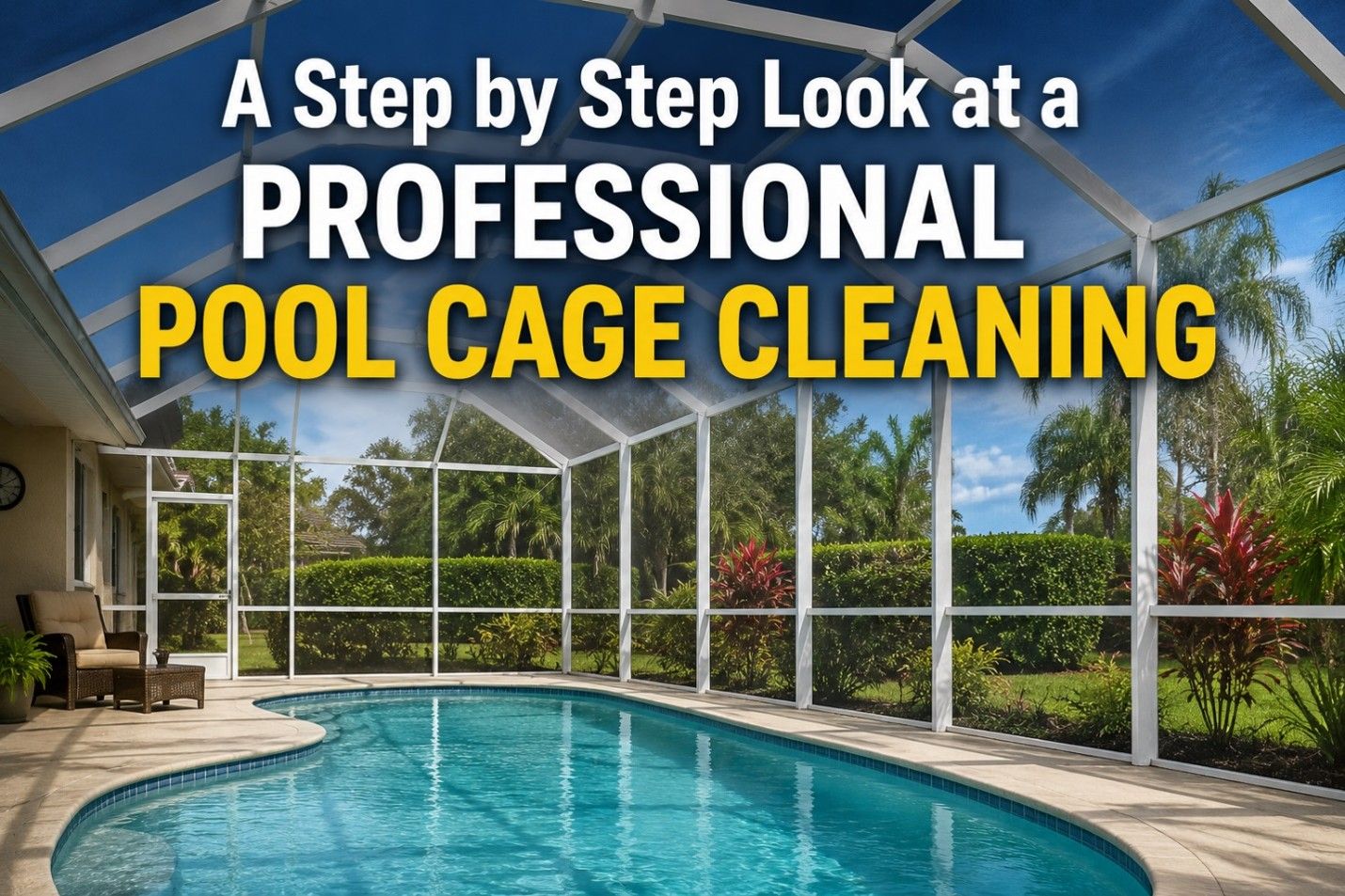 Professional pool cage cleaning over a screened backyard pool under a bright blue sky