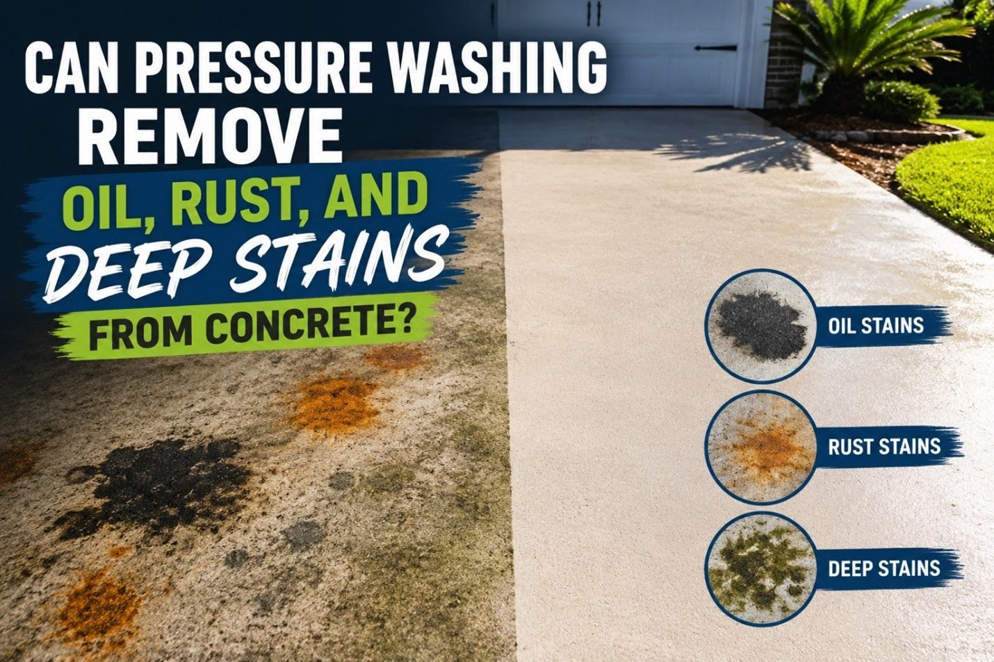 Before-and-after concrete cleaning graphic showing pressure washing removing oil, rust, and deep stains.