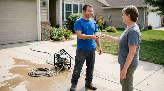 Two people shaking hands in a driveway beside a pressure washer and hose, with water on the pavement.