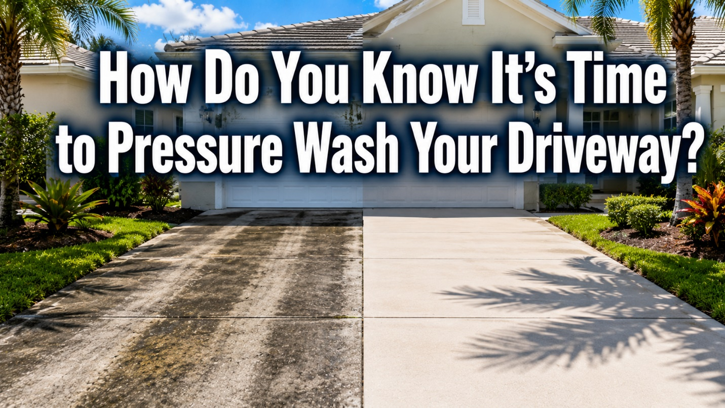 Worker pressure-washing a driveway outside a suburban house, spraying water across wet concrete.