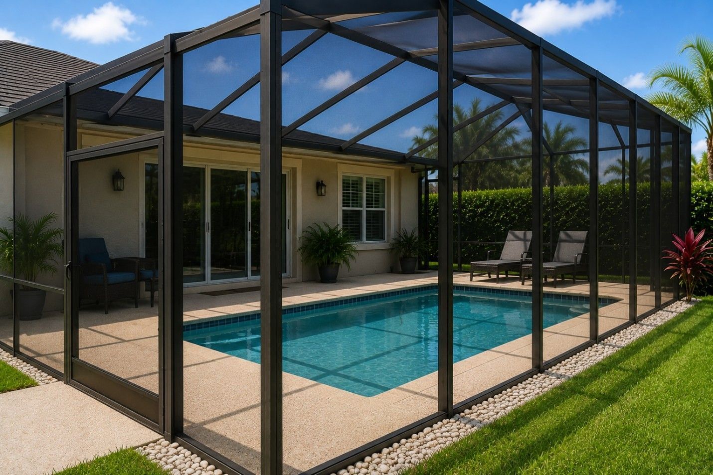 Screened backyard pool beside a house with patio chairs and green lawn