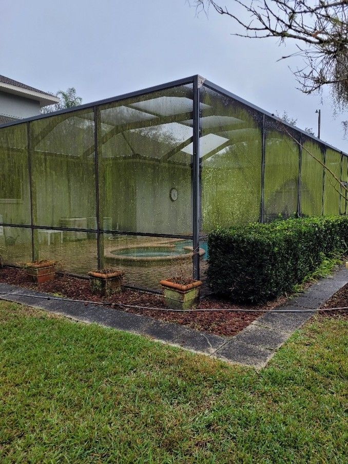 Before and after pool cage cleaning removing algae from screens