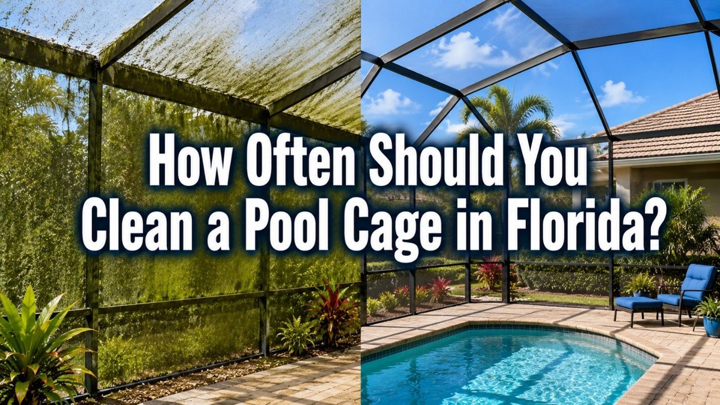 Pool cage around a backyard pool with text: “How Often Should You Clean a Pool Cage in Florida?”