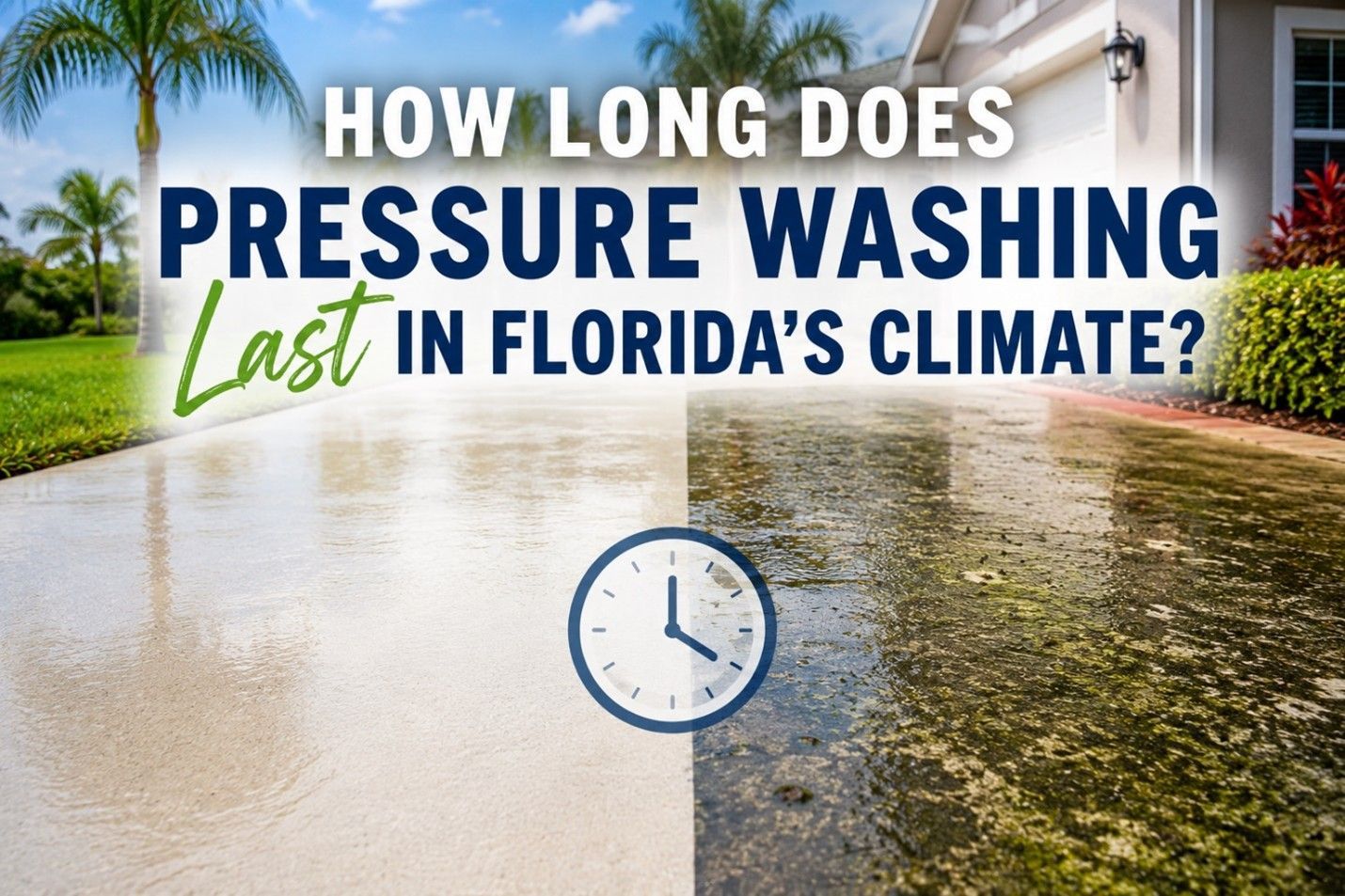 Pressure washing on a driveway split between clean and moldy, with text about Florida’s climate.