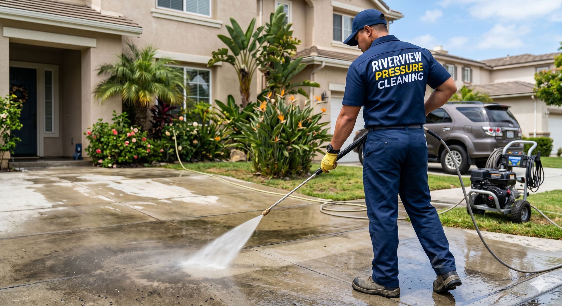 Worker pressure-washing a driveway outside a suburban house, spraying water across wet concrete.