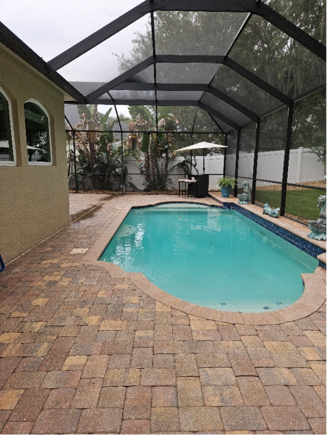Clean pool cage screens and paver deck after pool cage pressure washing service in Riverview FL