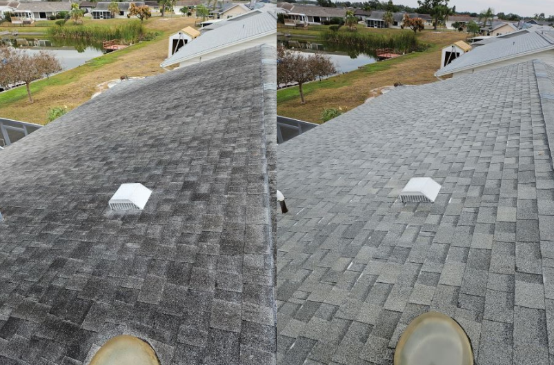 Soft wash roof cleaning in Sun City Center to remove algae and mold