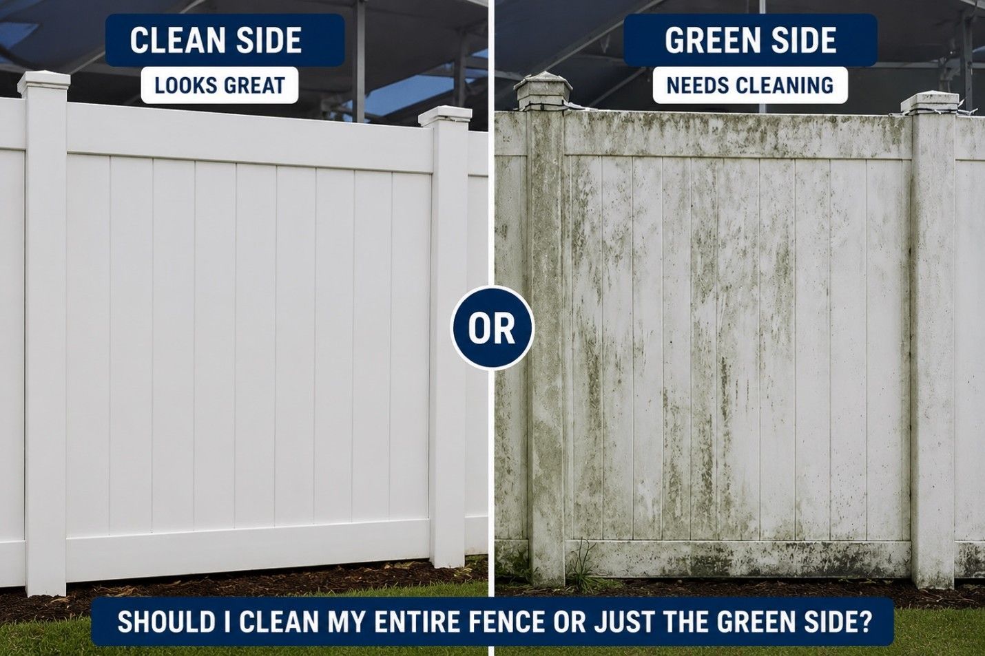 Side-by-side white fence comparison: clean side looks great, green side needs cleaning.