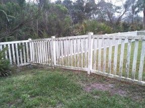 White wooden fence beside a grassy yard, with trees and brush in the background.