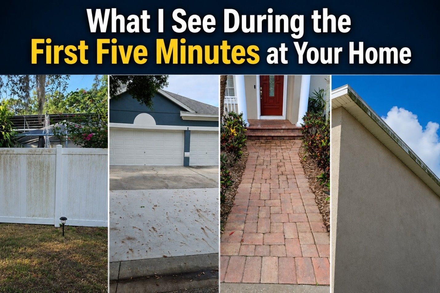 Text overlay on four home exterior photos: “What I See During the First Five Minutes at Your Home”