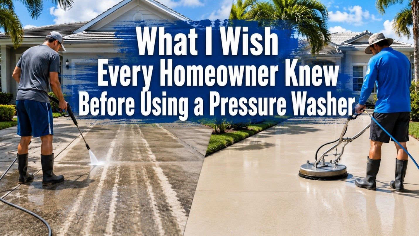 Two workers pressure washing a driveway