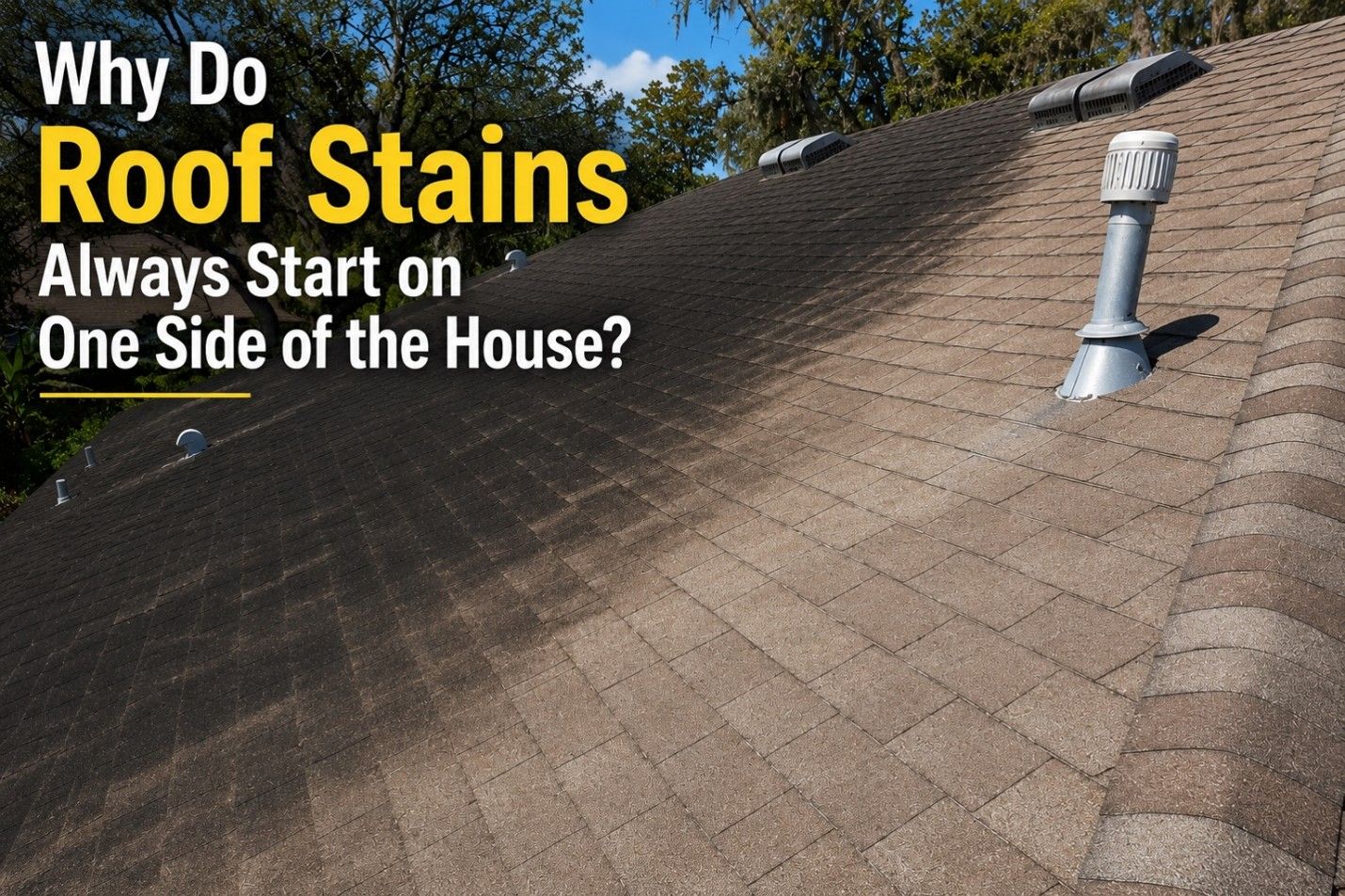 Roof with brown stains and a vent pipe under blue sky, with text: “Why do roof stains always start on one side?”