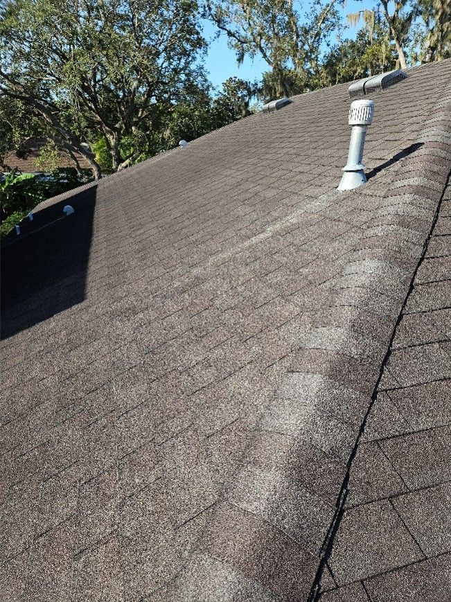 Shingled roof with a vent pipe and trees in the background