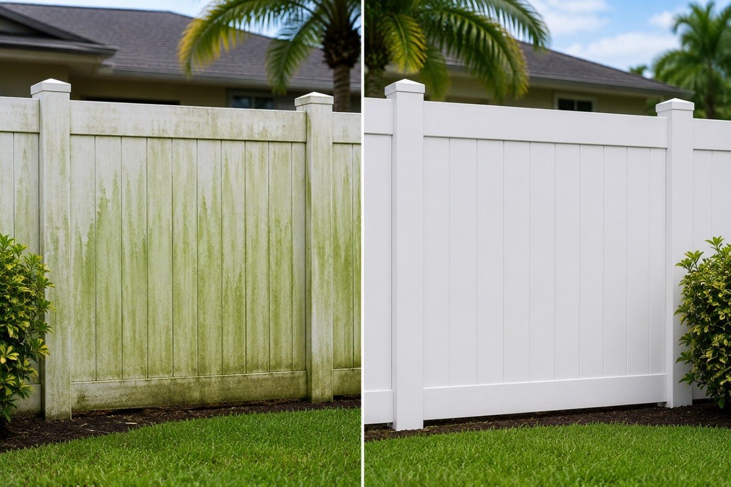 Side-by-side white fence comparison: one side stained green, the other clean and newly painted