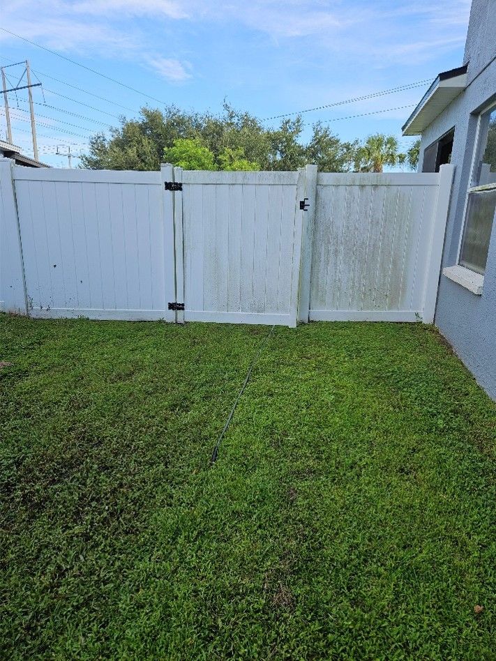 Green algae growing on a white vinyl fence in Florida