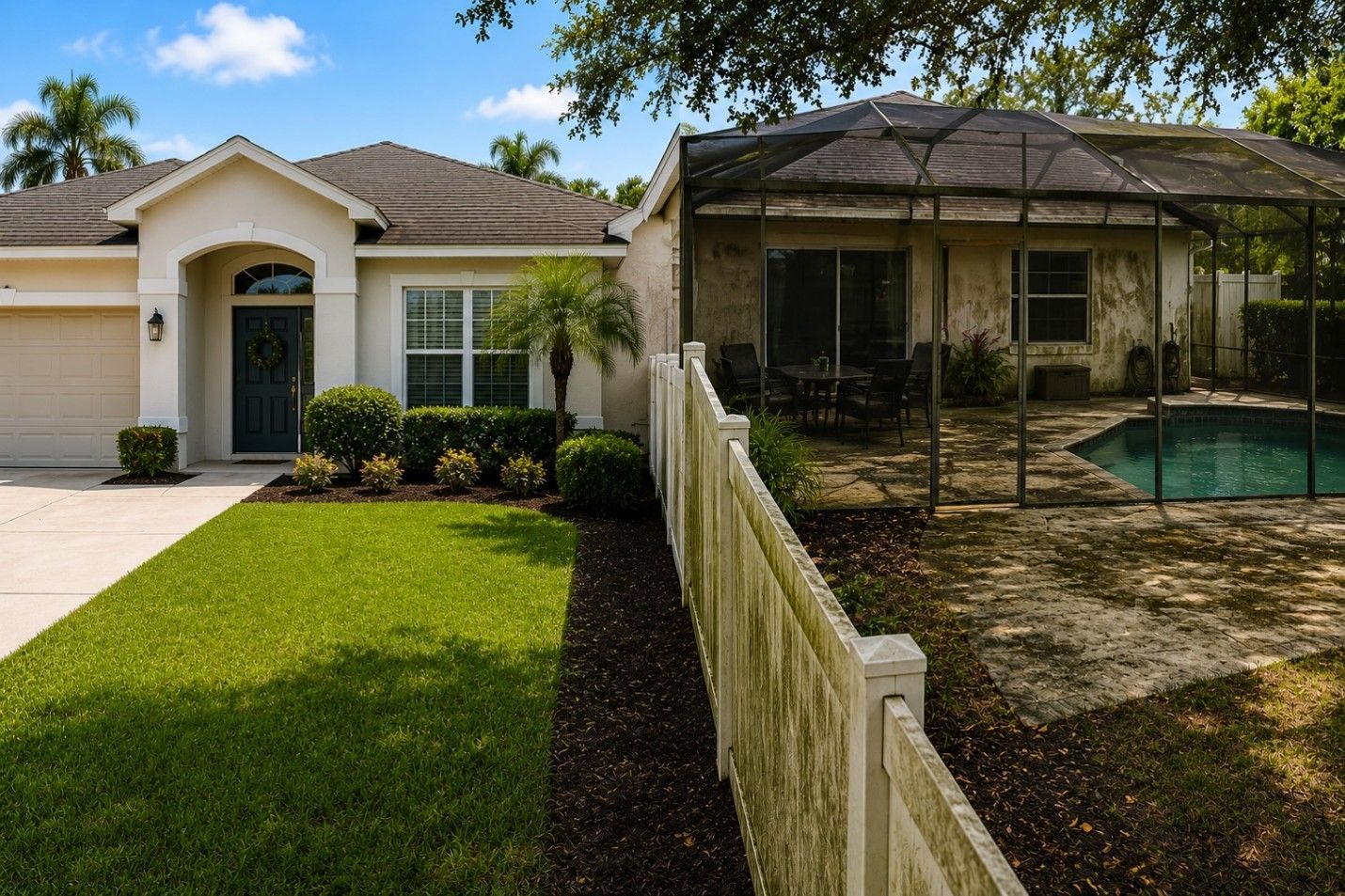 Suburban house with manicured lawn and screened backyard pool area under a covered patio