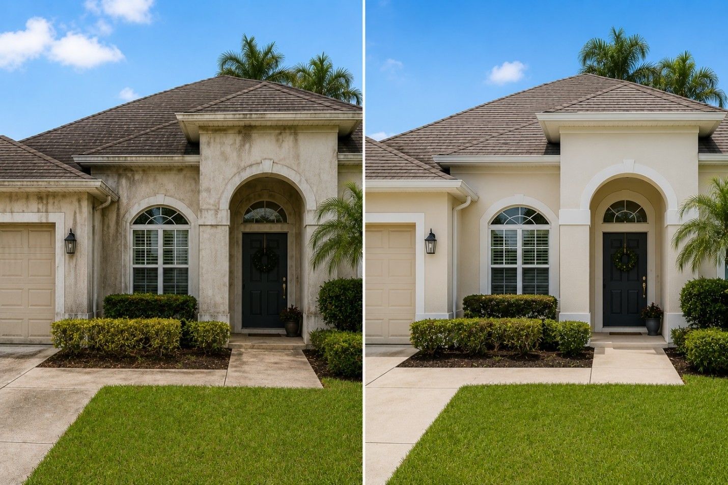 Side-by-side view of a beige stucco house exterior with arched entryway, black door, and green lawn.