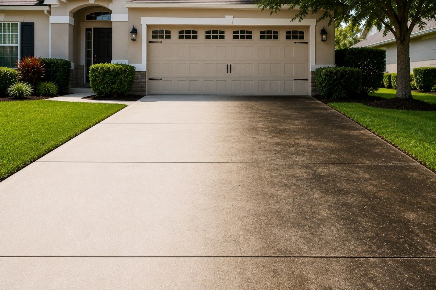 Suburban house with a “For Sale” sign on a manicured lawn and driveway.