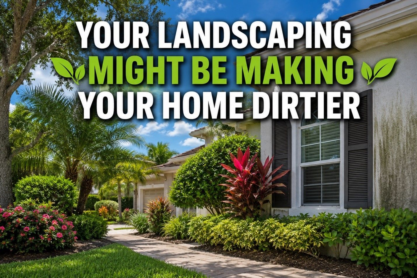 Lush front-yard landscaping with bold text: “Your landscaping might be making your home dirtier.”