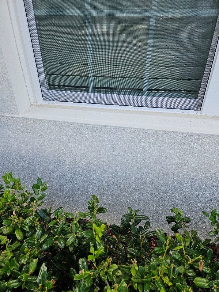 Window above green shrubs beside a light gray stucco wall