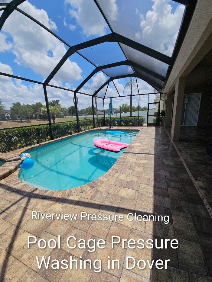 Clean pool cage and paver patio after pressure washing service in Dover FL