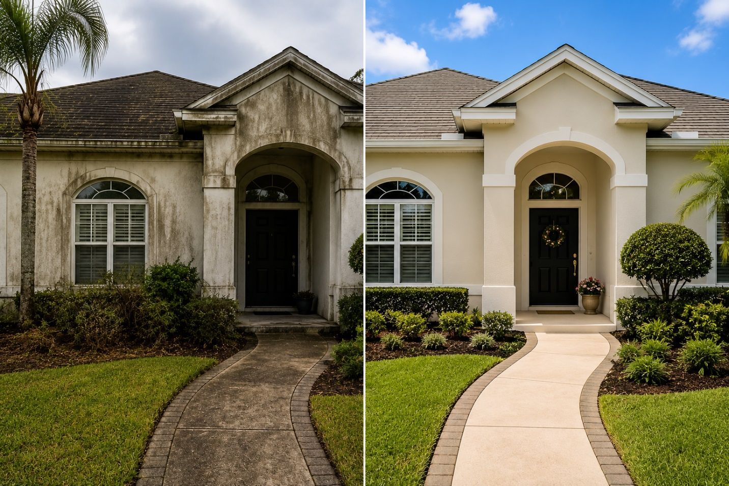 Before-and-after exterior of a house with a new light walkway and brighter landscaping