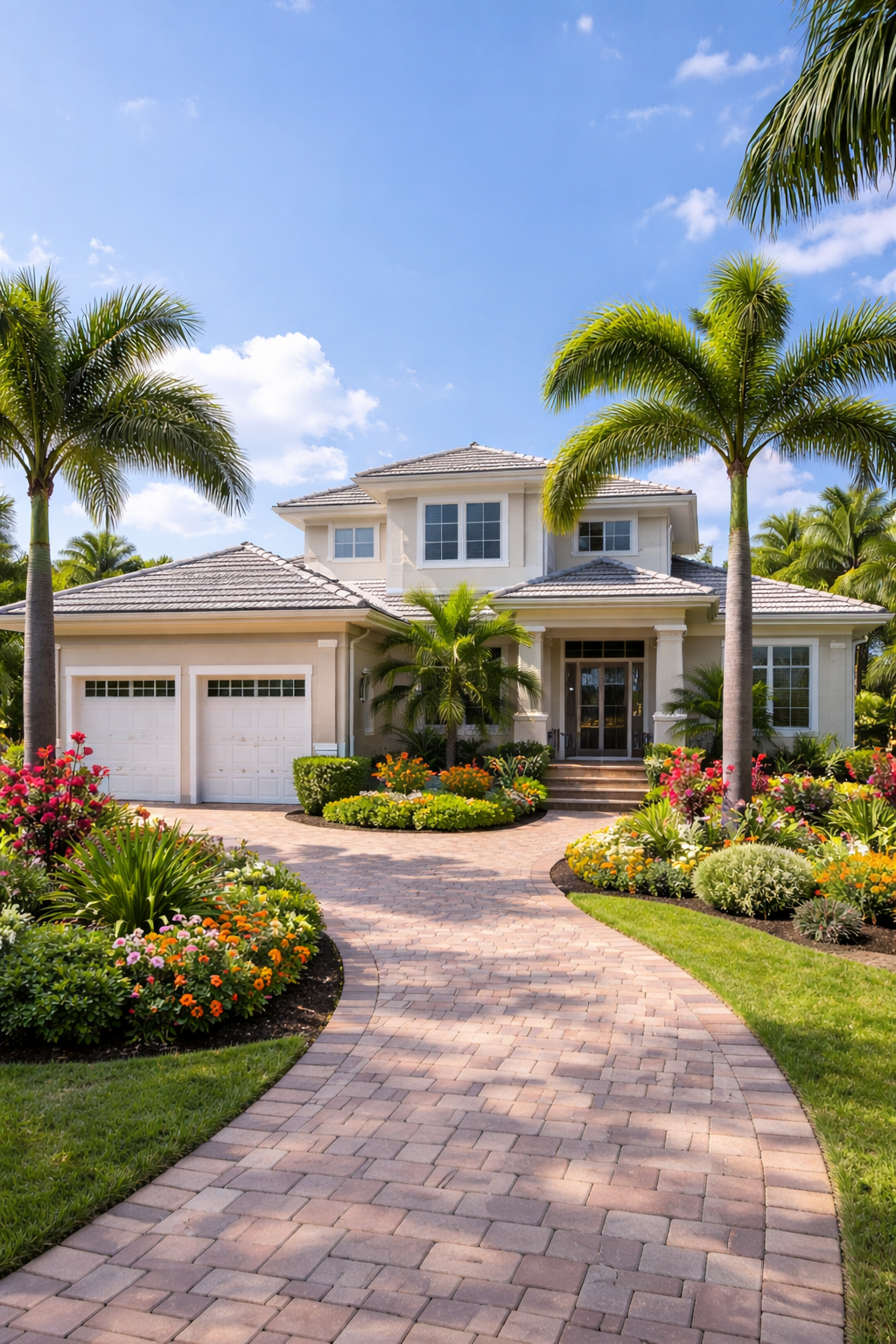 Luxurious suburban home with palm trees, curved brick walkway, and colorful landscaped garden