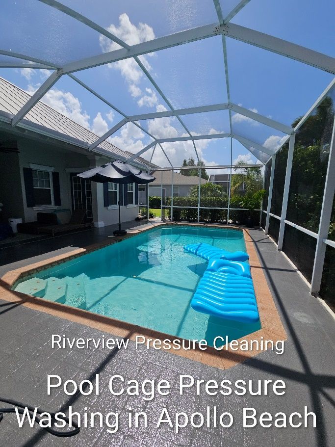 Pool cage in Apollo Beach with algae, mildew, pollen, and spiderweb buildup on screens