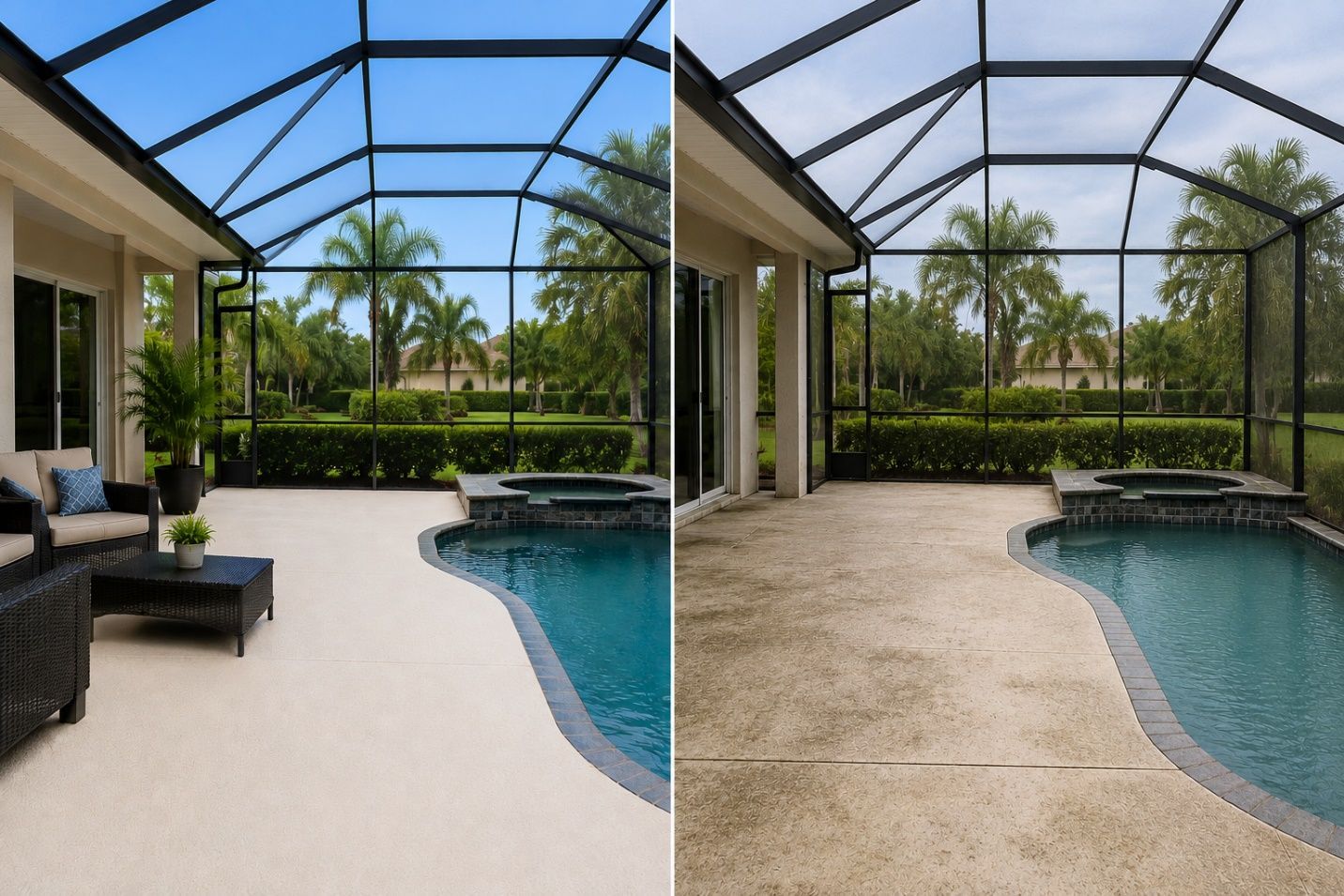 Split view of a screened pool patio, showing white paved and beige textured surfaces beside a blue pool.