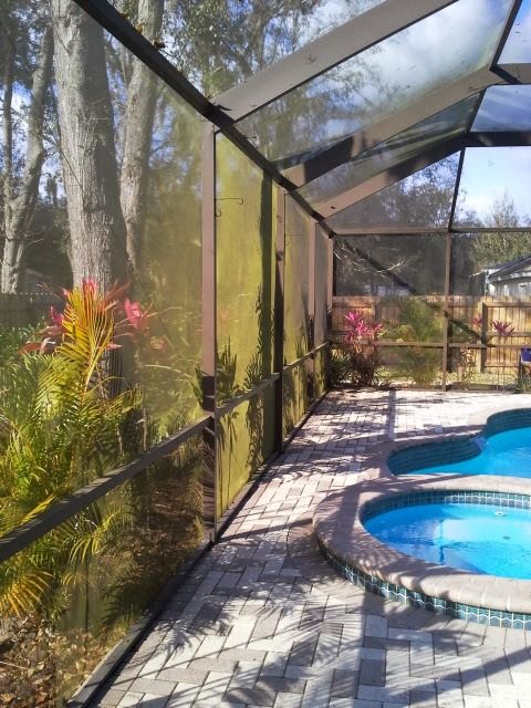 Clean green algae from pool screens using pressure washing