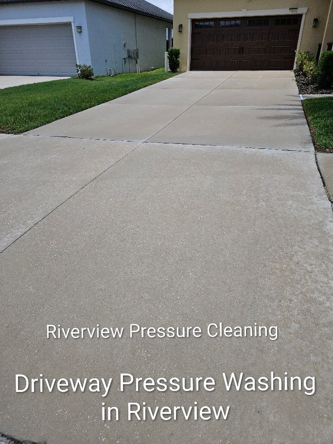 Dirty driveway and sidewalks with pollen buildup before pressure washing in Riverview FL