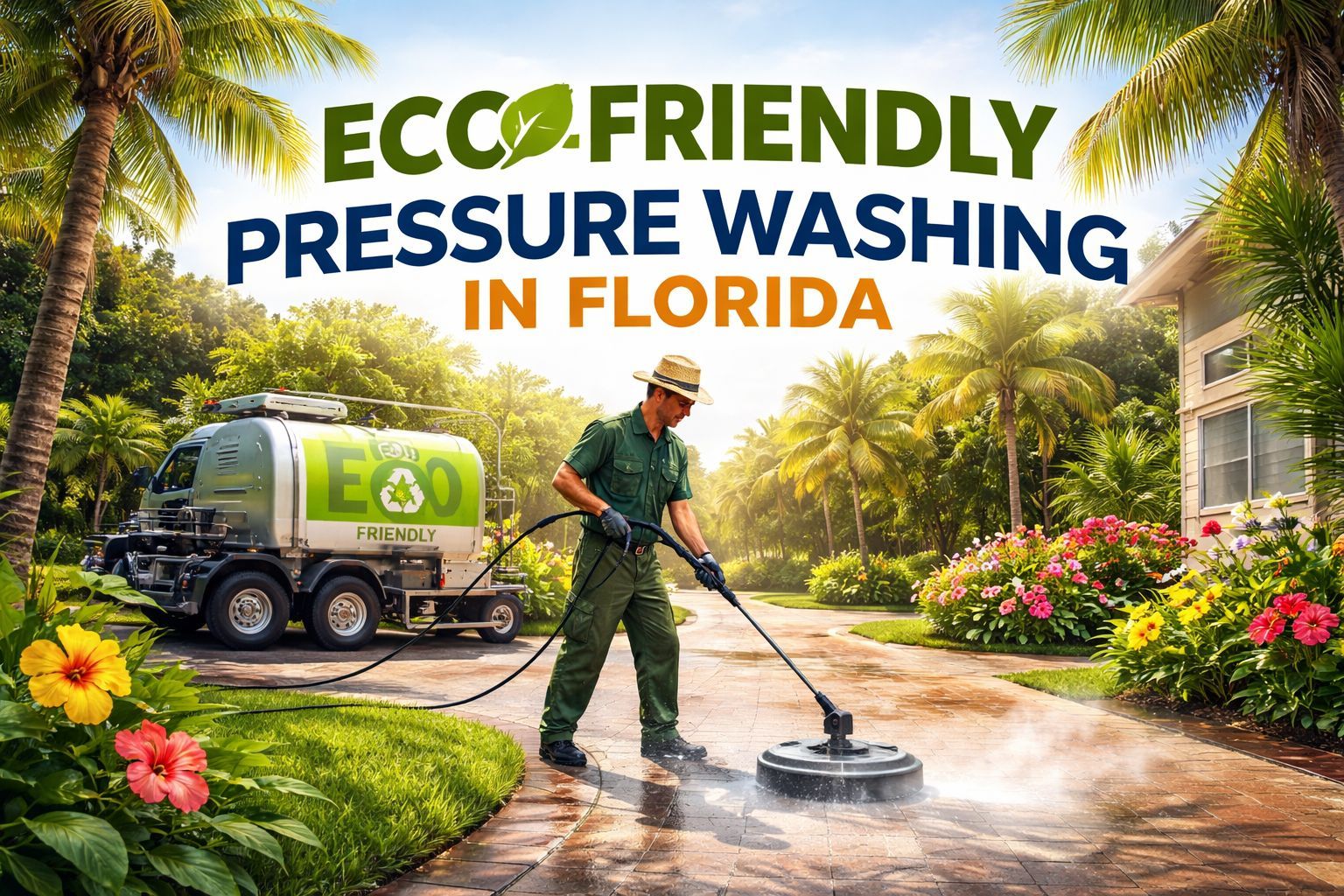 Eco-friendly pressure washing in Florida: worker cleaning a driveway beside a green truck and tropical landscaping