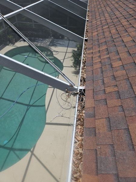 Pool enclosure gutter filled with leaves next to brown shingle roof.