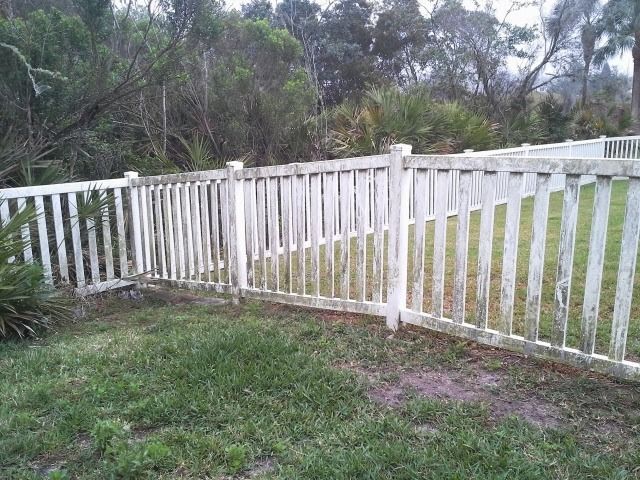 White picket fence surrounding a grassy yard with trees in the background.