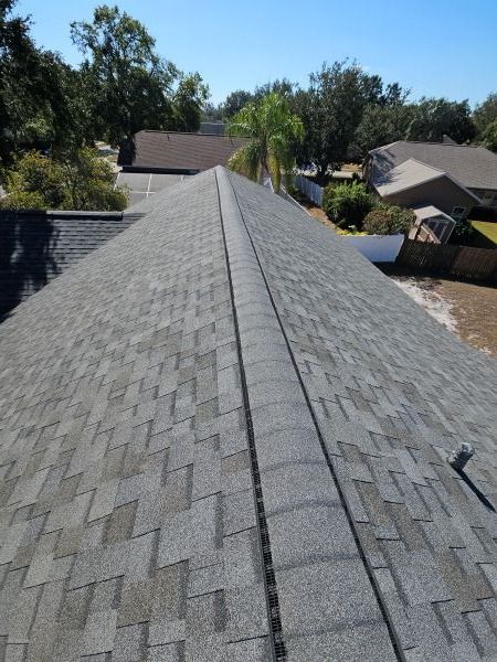 View from a rooftop: gray asphalt shingle roof with a central ridge, surrounded by trees and houses on a sunny day.