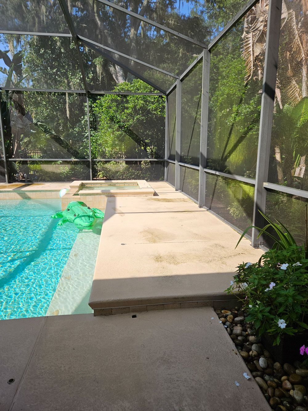 Pool cage with dirt and algae buildup before cleaning in Lithia FishHawk