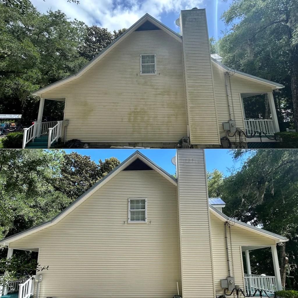 Split image of a beige house with a tall chimney, front porch, and trees in the yard.