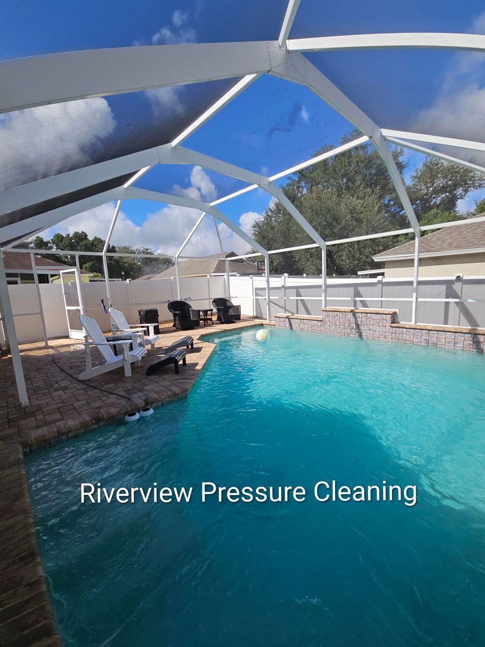Clean pool cage, screens, and paver deck after pressure washing in Valrico FL