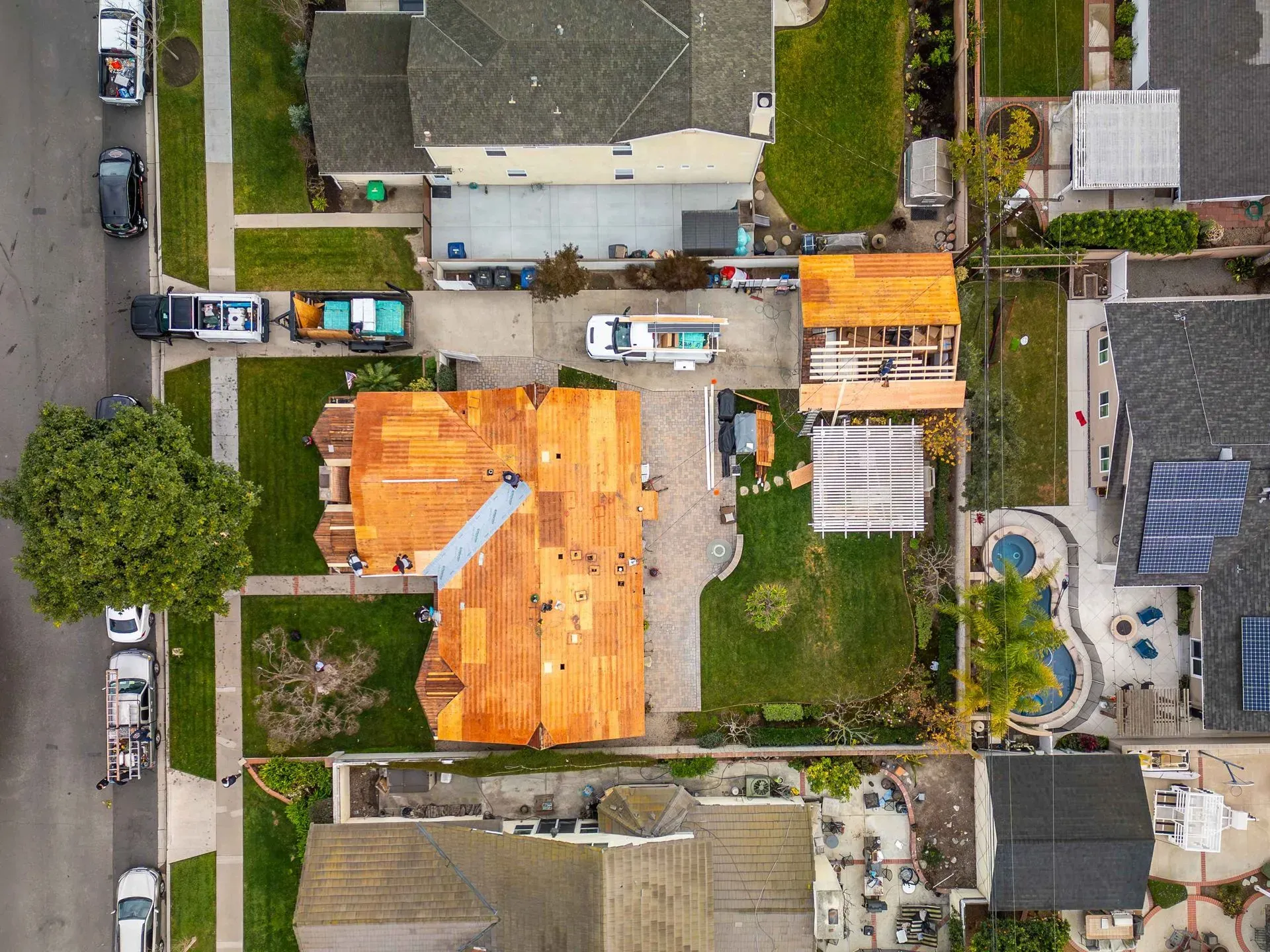 Aerial view of a residential roof repair project conducted by Stratton.