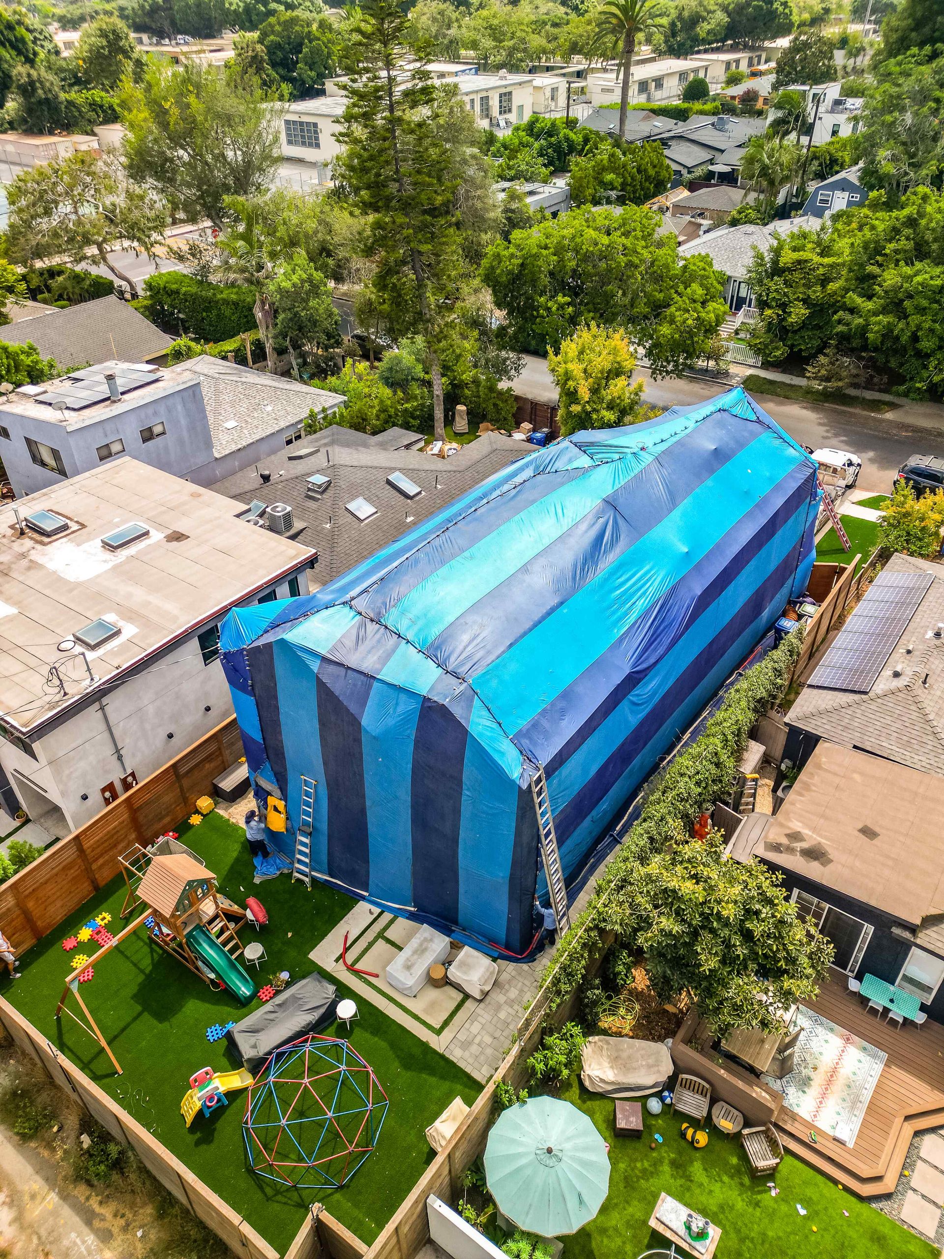 House covered in blue tarp for fumigation; aerial view of a residential neighborhood.