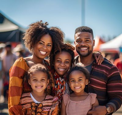 Smiling family of five posing outdoors at a sunny market, with tents blurred in the background