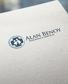 Alan Benoy Insurance Services logo on a textured white card, with blue icon and black text