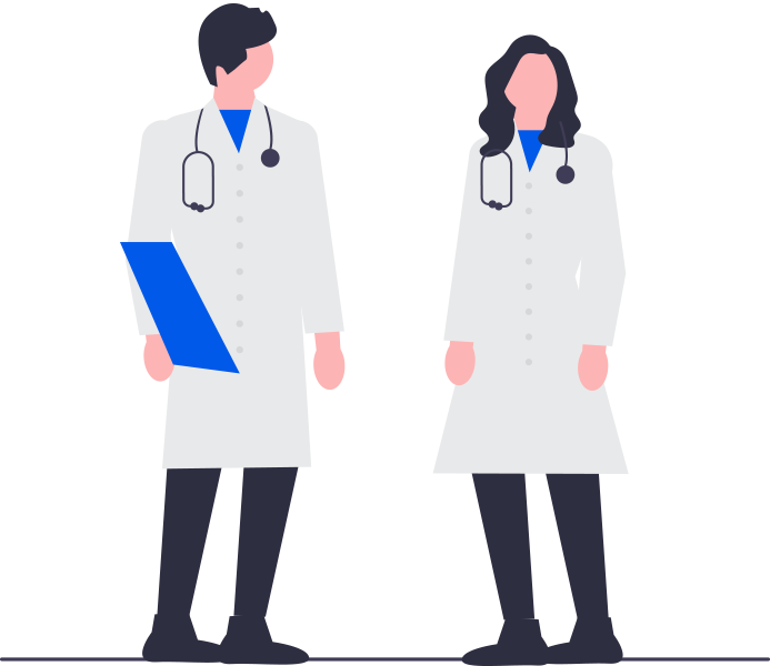Two doctors in white coats with stethoscopes, standing side by side, one holding a blue clipboard.