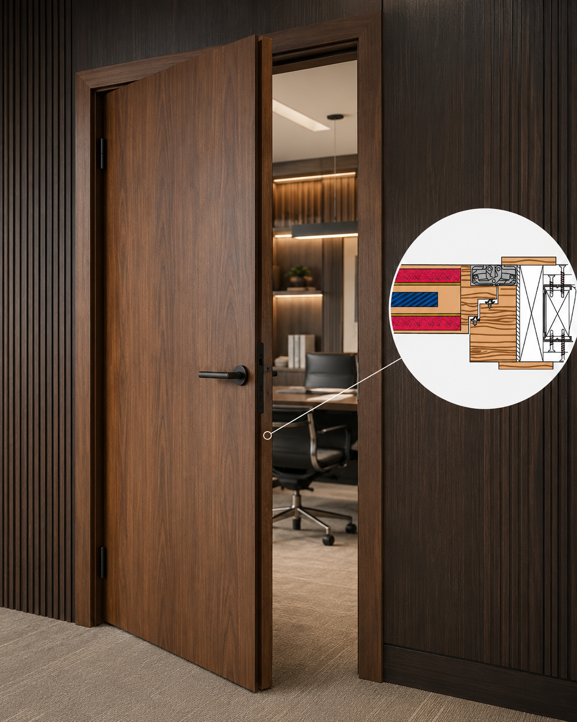 Timber door in a coordinated architectural interior; indicative SilentDoor design illustration