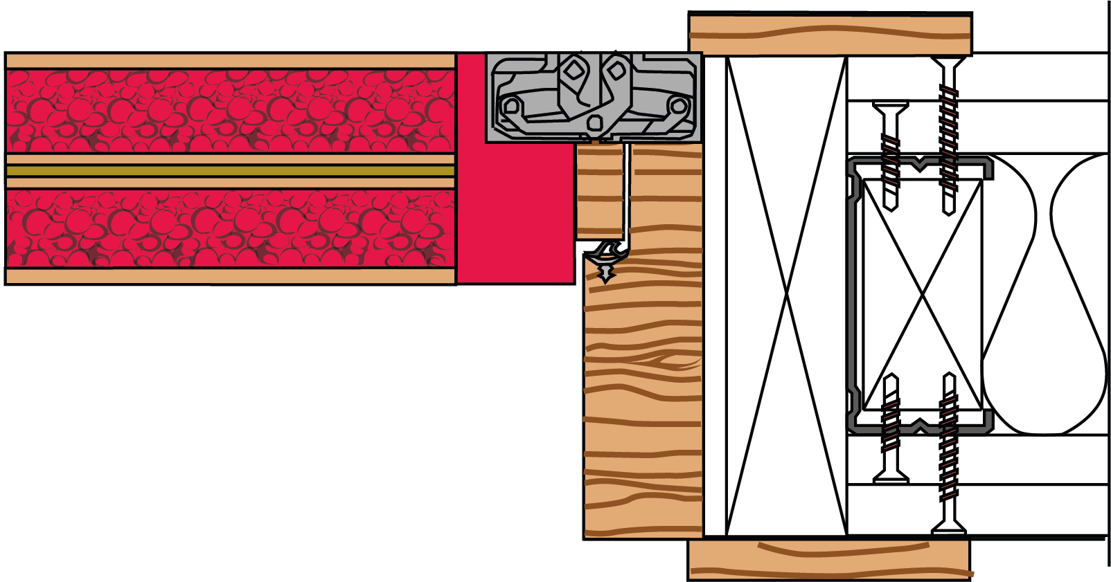 A black and white drawing of a wooden door with a metal frame.