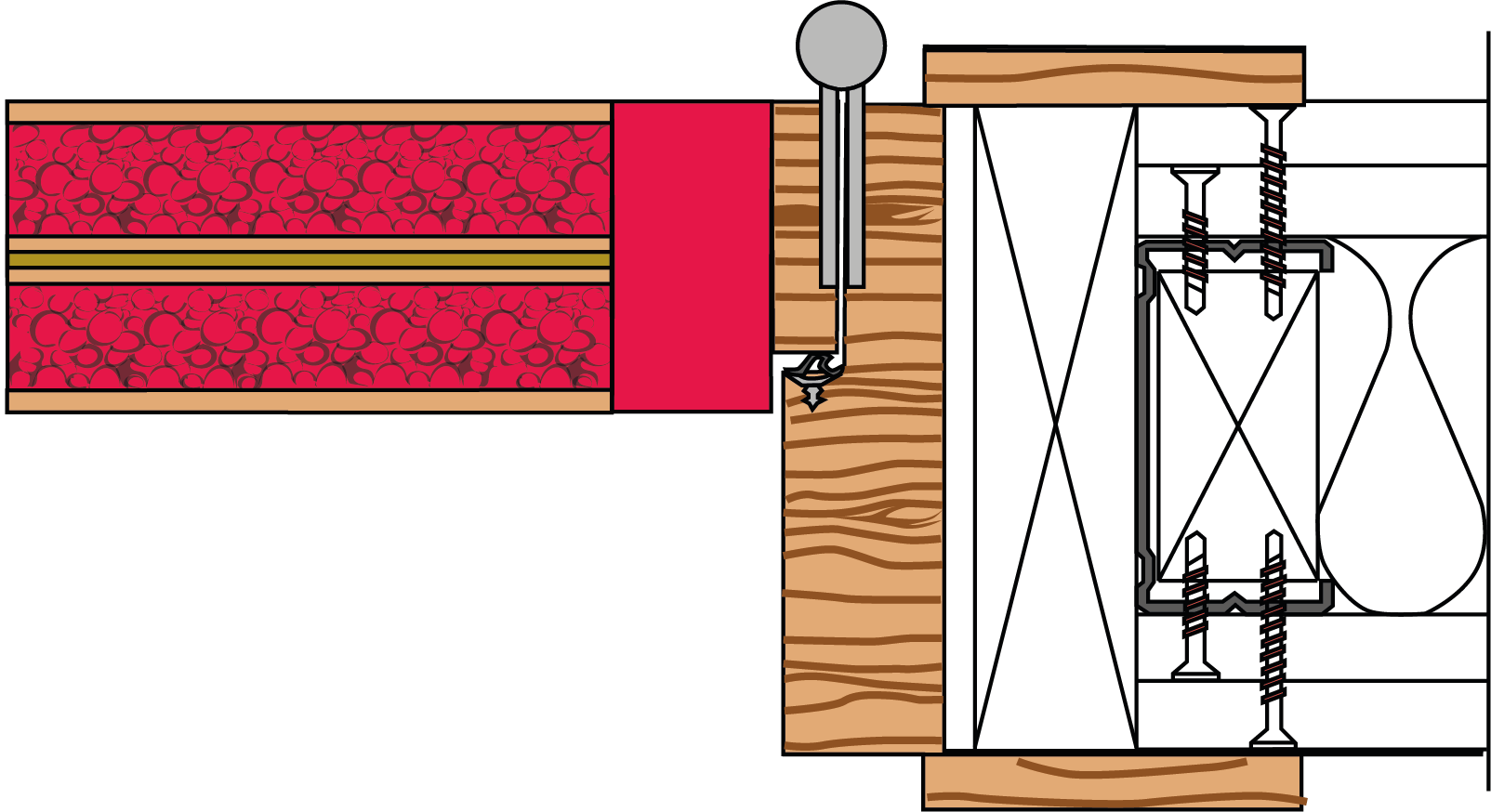 A drawing of a wooden door with a screw in it.