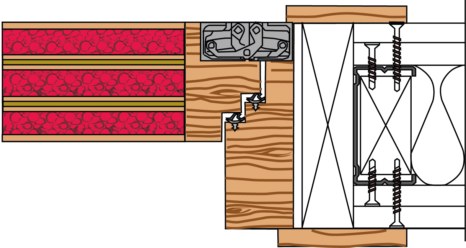 A drawing of a wooden door with a metal frame.
